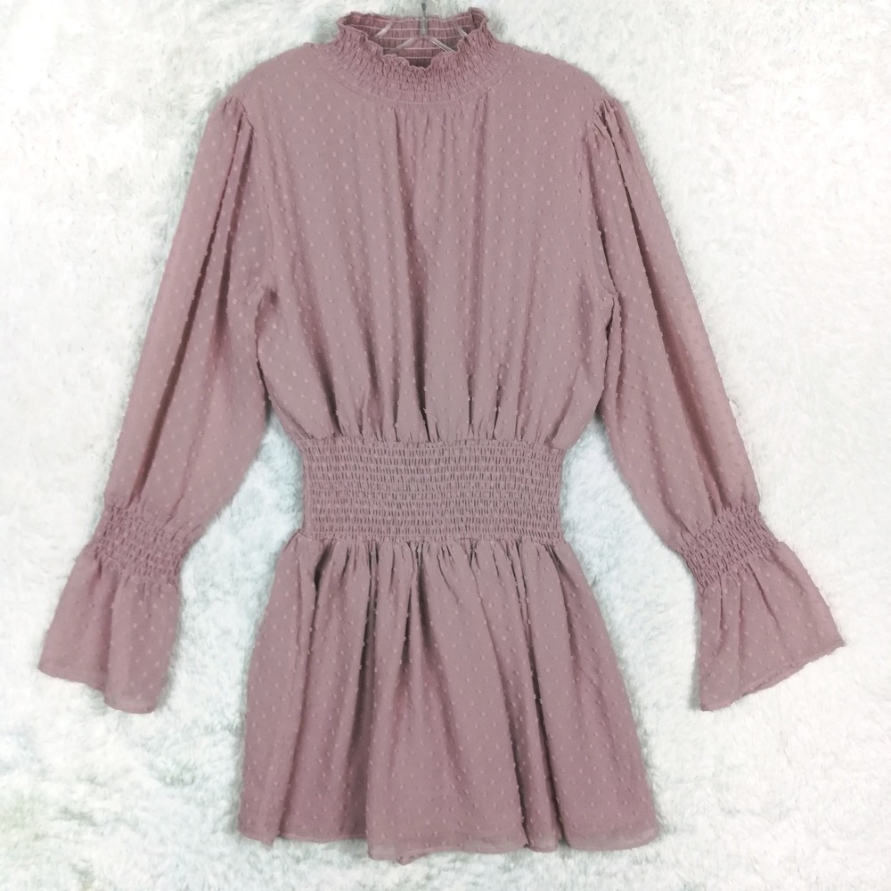 Boohoo Womens Dress Dobby High Neck Shirred Mini Rose Long Sleeve 8 New